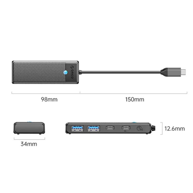 Hub USB-C Orico PAPW2AC-C3-015-BK-EP 2x USB-A, 2x USB-C, PD 100W