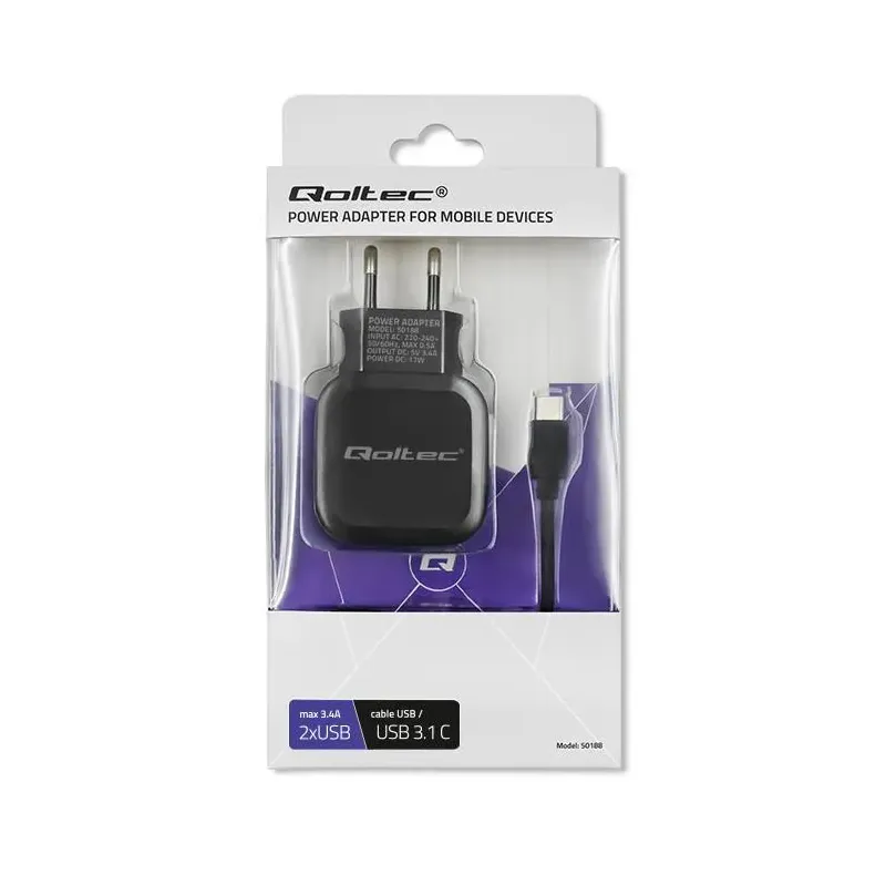 Ładowarka sieciowa Qoltec 17W 5V 3,4A 2xUSB + kabel USB type-C