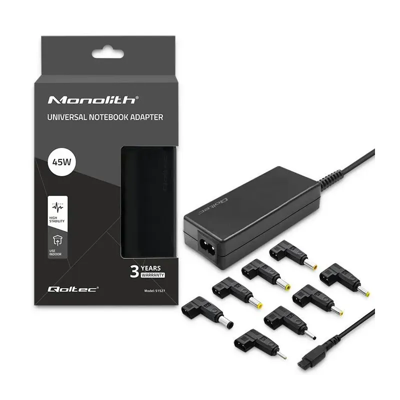 Zasilacz sieciowy uniwersalny Qoltec 45W | 8 wtyczek | +kabel zasilający