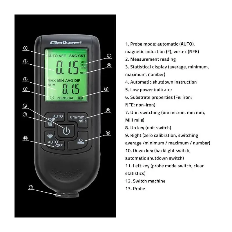 Miernik grubości lakieru Qoltec z wyświetlaczem LCD | 0 ~ 2000um