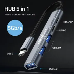 Hub Qoltec adapter USB-C 3.1 5w1 | USB-C PD | USB-C | 2x USB 2.0 | USB 3.0