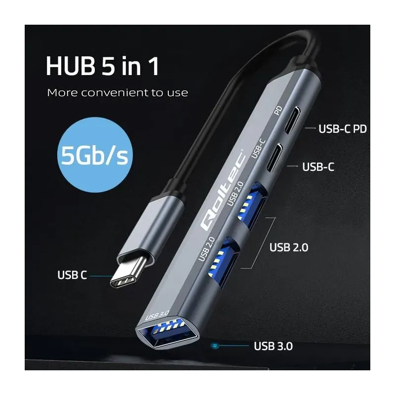 Hub Qoltec adapter USB-C 3.1 5w1 | USB-C PD | USB-C | 2x USB 2.0 | USB 3.0