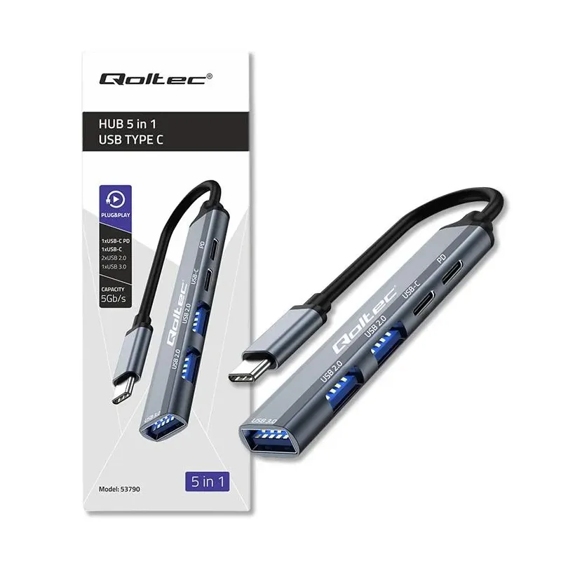 Hub Qoltec adapter USB-C 3.1 5w1 | USB-C PD | USB-C | 2x USB 2.0 | USB 3.0