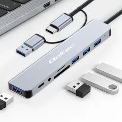 Hub Qoltec 8w1 USB-C/USB | USB-C | 4xUSB | SD/TF card | Jack 3.5mm TRRS