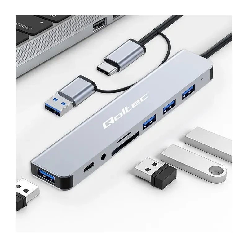 Hub Qoltec 8w1 USB-C/USB | USB-C | 4xUSB | SD/TF card | Jack 3.5mm TRRS