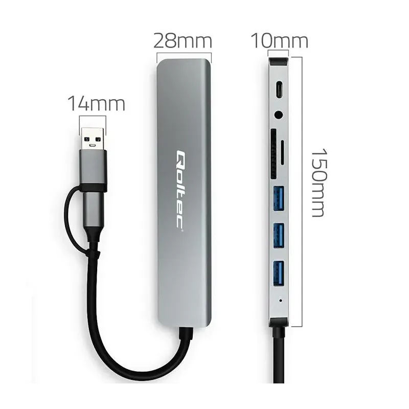 Hub Qoltec 8w1 USB-C/USB | USB-C | 4xUSB | SD/TF card | Jack 3.5mm TRRS