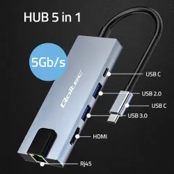 Hub Qoltec USB-C 5w1 | USB-C PD 100W | 2xUSB | HDMI 4K | RJ45