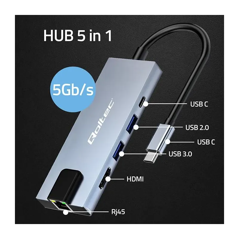 Hub Qoltec USB-C 5w1 | USB-C PD 100W | 2xUSB | HDMI 4K | RJ45