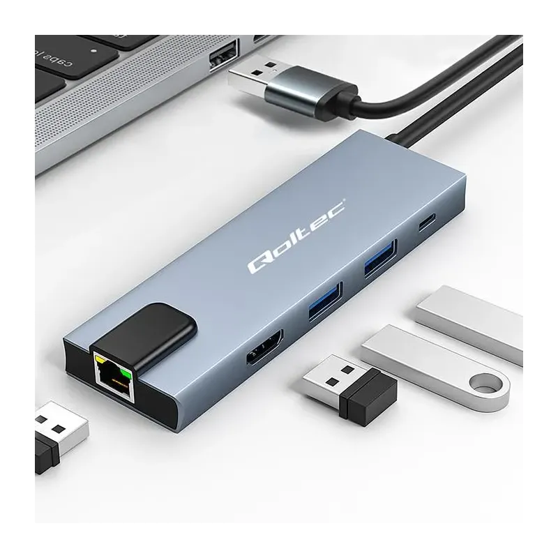 Hub Qoltec USB-C 5w1 | USB-C PD 100W | 2xUSB | HDMI 4K | RJ45