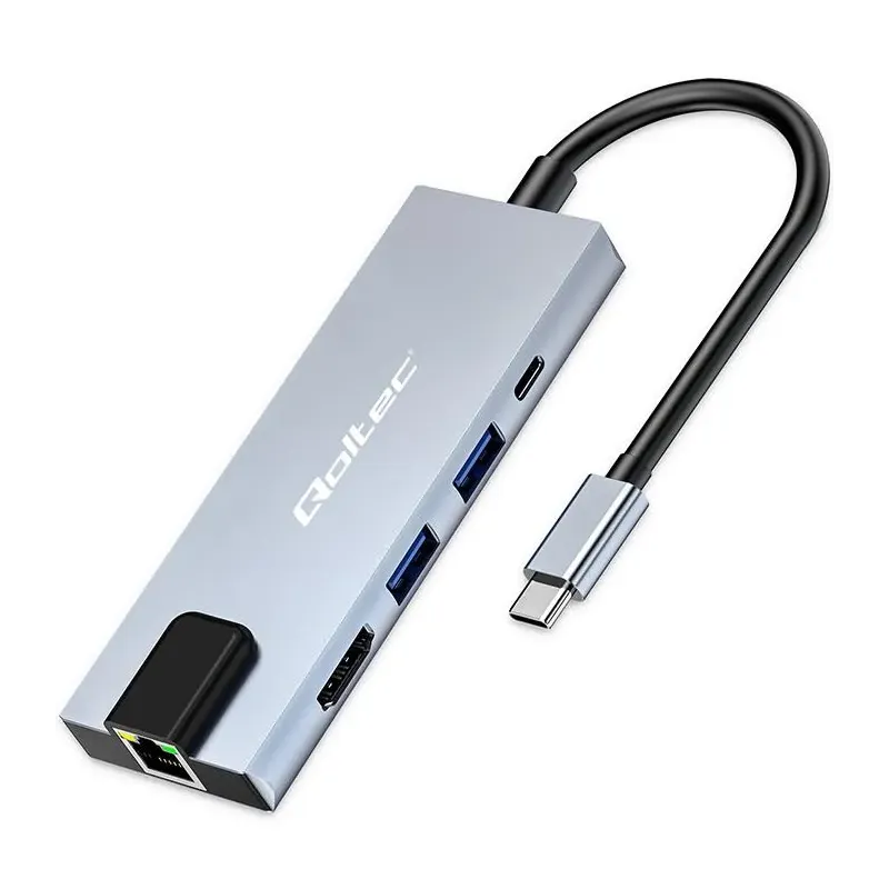 Hub Qoltec USB-C 5w1 | USB-C PD 100W | 2xUSB | HDMI 4K | RJ45