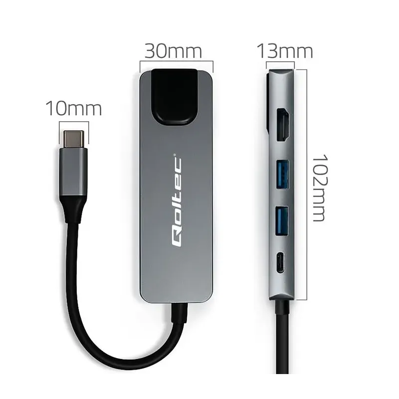 Hub Qoltec USB-C 5w1 | USB-C PD 100W | 2xUSB | HDMI 4K | RJ45