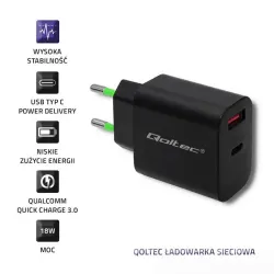 Ładowarka sieciowa Qoltec 18W | 5-12V | 1.5-3A | USB typ C PD | USB QC 3.0