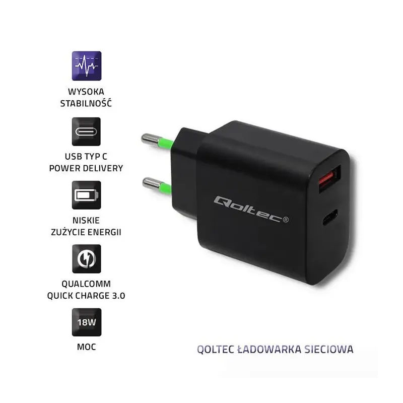 Ładowarka sieciowa Qoltec 18W | 5-12V | 1.5-3A | USB typ C PD | USB QC 3.0