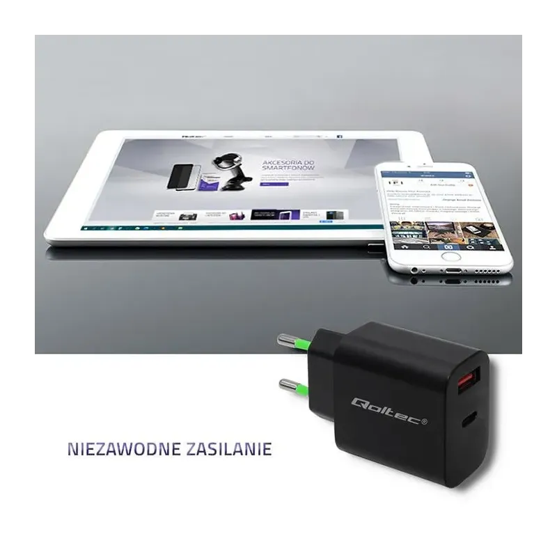 Ładowarka sieciowa Qoltec 18W | 5-12V | 1.5-3A | USB typ C PD | USB QC 3.0