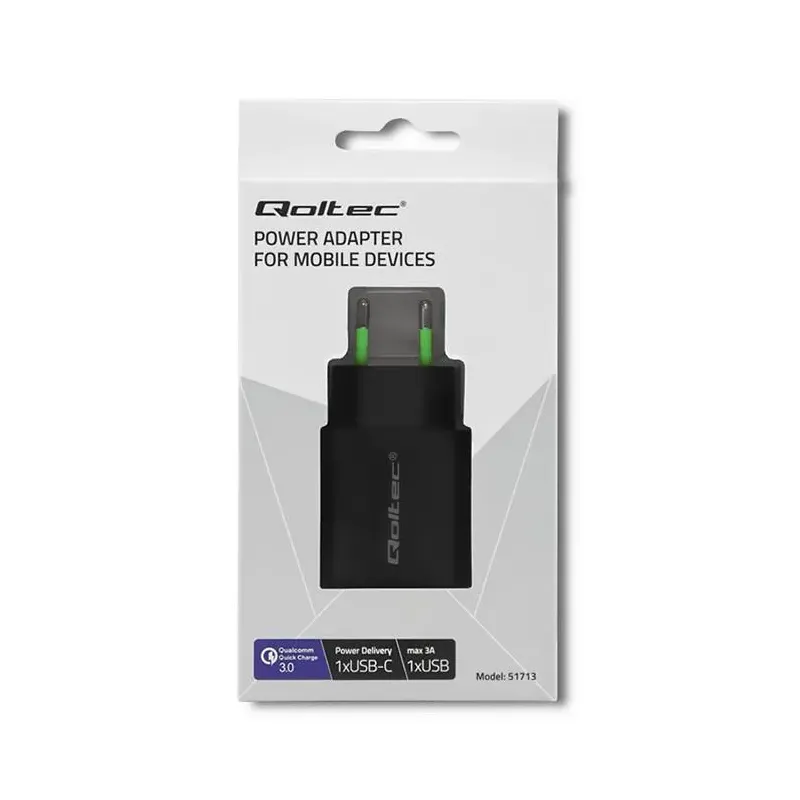 Ładowarka sieciowa Qoltec 18W | 5-12V | 1.5-3A | USB typ C PD | USB QC 3.0