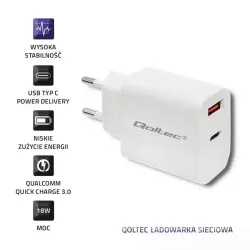 Ładowarka sieciowa Qoltec 18W | 5-12V | 1.5-3A | USB typ C PD | USB QC 3.0