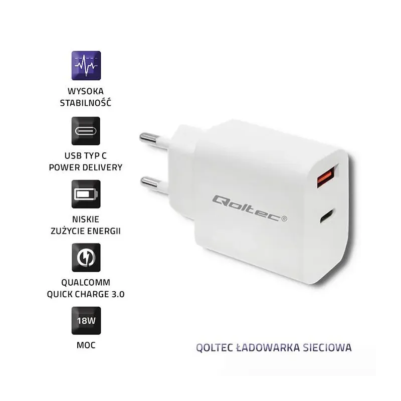 Ładowarka sieciowa Qoltec 18W | 5-12V | 1.5-3A | USB typ C PD | USB QC 3.0