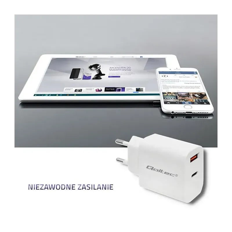Ładowarka sieciowa Qoltec 18W | 5-12V | 1.5-3A | USB typ C PD | USB QC 3.0