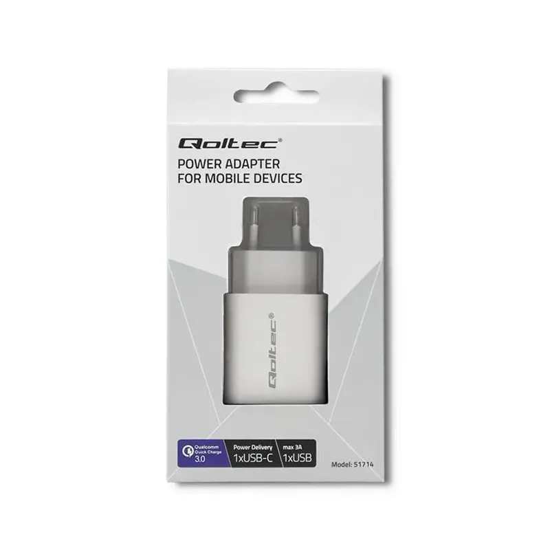 Ładowarka sieciowa Qoltec 18W | 5-12V | 1.5-3A | USB typ C PD | USB QC 3.0