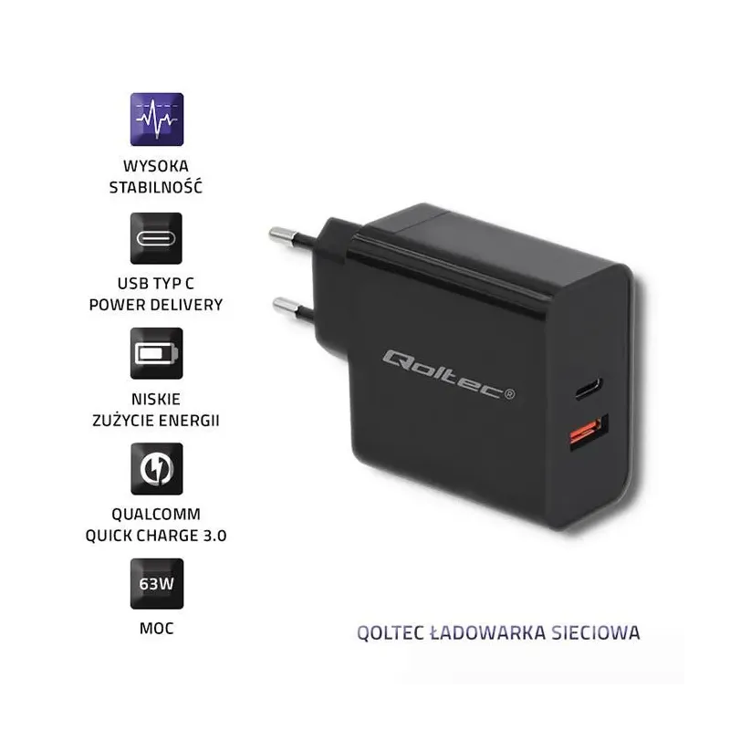Ładowarka sieciowa Qoltec 63W | 5-20V | 1.5-3A | USB typ... | PartsPC.pl