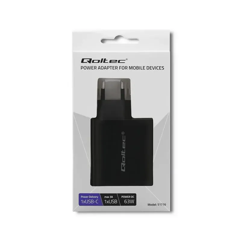 Ładowarka sieciowa Qoltec 63W | 5-20V | 1.5-3A | USB typ... | PartsPC.pl