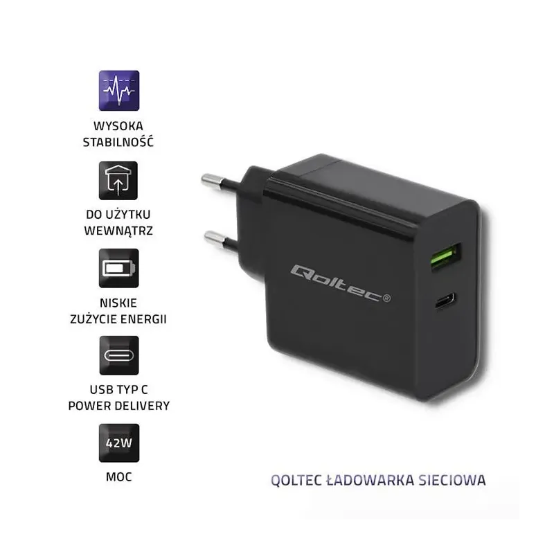 Ładowarka sieciowa Qoltec 45W | 5-20V | 2.25-3A | USB typ C PD | USB |