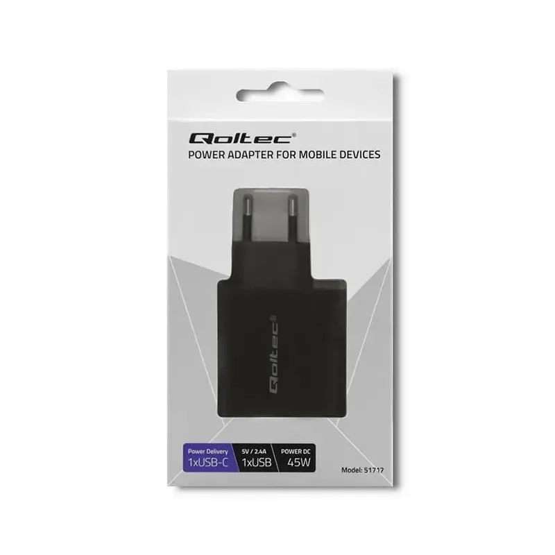 Ładowarka sieciowa Qoltec 45W | 5-20V | 2.25-3A | USB typ C PD | USB |