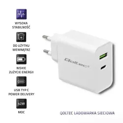 Ładowarka sieciowa Qoltec 45W | 5-20V | 2.4-3A | USB typ C PD | USB | Biała