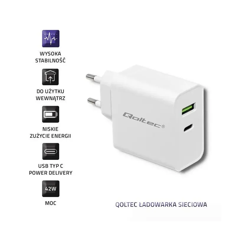 Ładowarka sieciowa Qoltec 45W | 5-20V | 2.4-3A | USB typ C PD | USB | Biała