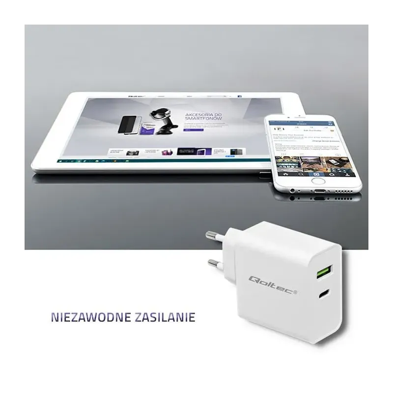 Ładowarka sieciowa Qoltec 45W | 5-20V | 2.4-3A | USB typ C PD | USB | Biała
