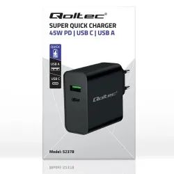 Ładowarka sieciowa Qoltec Super Quick PD | 1xUSB-C | 1xUSB | 45W | 5-20V |