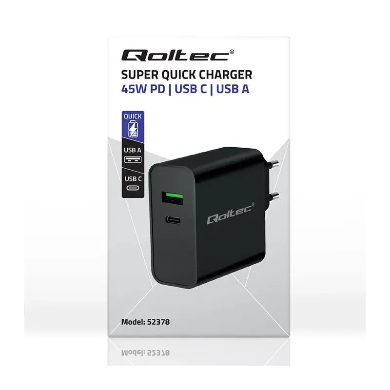 Ładowarka sieciowa Qoltec Super Quick PD | 1xUSB-C | 1xUSB | 45W | 5-20V |