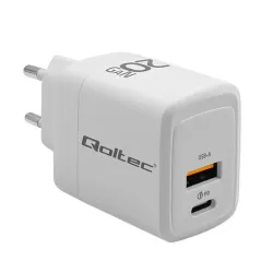 Ładowarka sieciowa Qoltec 20W GaN | 5-20V | 1.5-3A | 1xUSB-C PD | 1xUSB QC