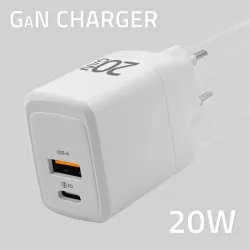 Ładowarka sieciowa Qoltec 20W GaN | 5-20V | 1.5-3A | 1xUSB-C PD | 1xUSB QC