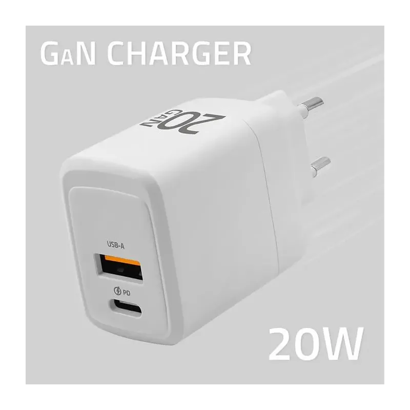 Ładowarka sieciowa Qoltec 20W GaN | 5-20V | 1.5-3A | 1xUSB-C PD | 1xUSB QC