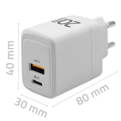 Ładowarka sieciowa Qoltec 20W GaN | 5-20V | 1.5-3A | 1xUSB-C PD | 1xUSB QC