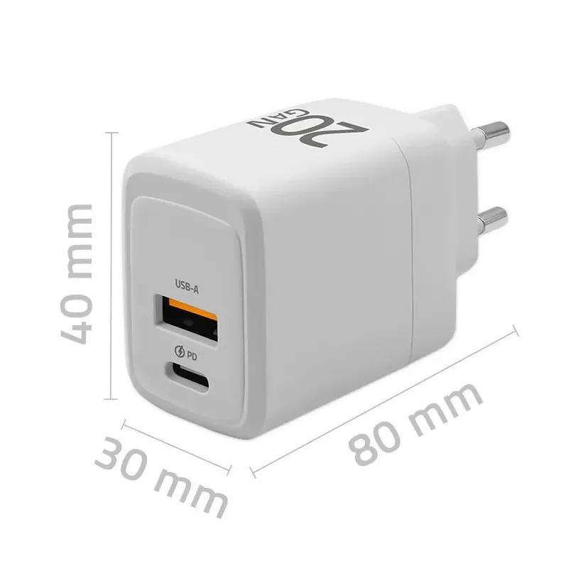 Ładowarka sieciowa Qoltec 20W GaN | 5-20V | 1.5-3A | 1xUSB-C PD | 1xUSB QC