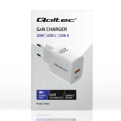 Ładowarka sieciowa Qoltec 20W GaN | 5-20V | 1.5-3A | 1xUSB-C PD | 1xUSB QC