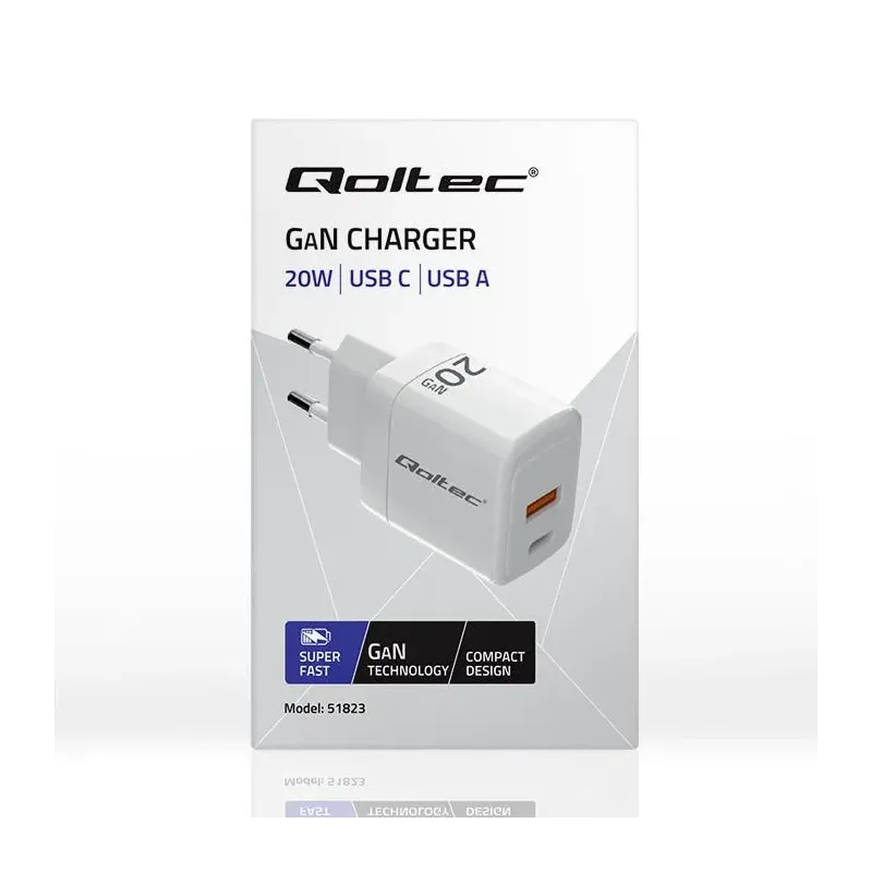 Ładowarka sieciowa Qoltec 20W GaN | 5-20V | 1.5-3A | 1xUSB-C PD | 1xUSB QC