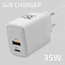 Ładowarka sieciowa Qoltec 35W GaN | 5-20V | 1.5-3A | 1xUSB-C PD | 1xUSB QC