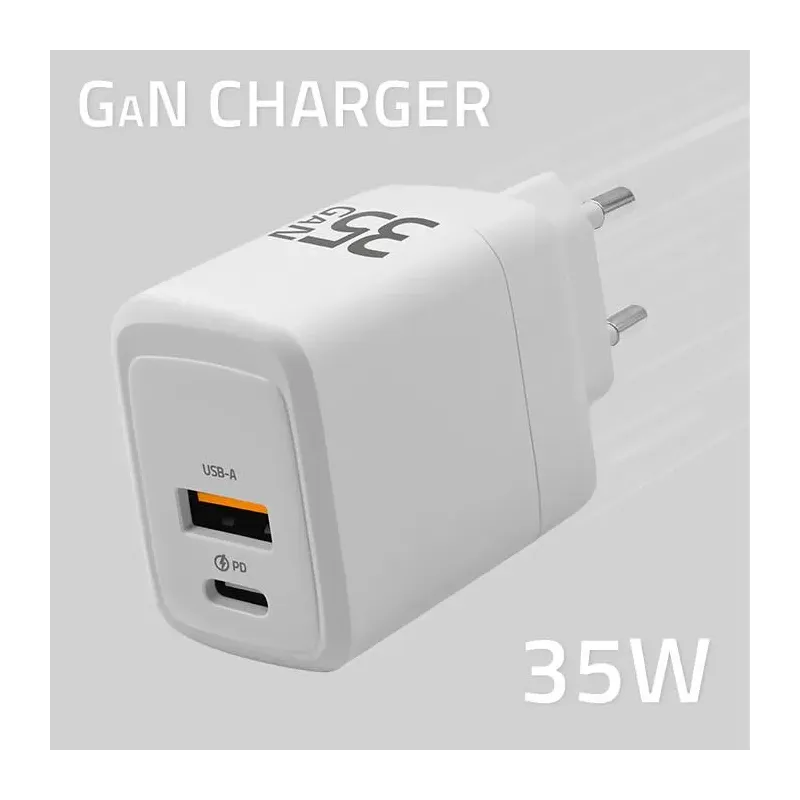 Ładowarka sieciowa Qoltec 35W GaN | 5-20V | 1.5-3A | 1xUSB-C PD | 1xUSB QC