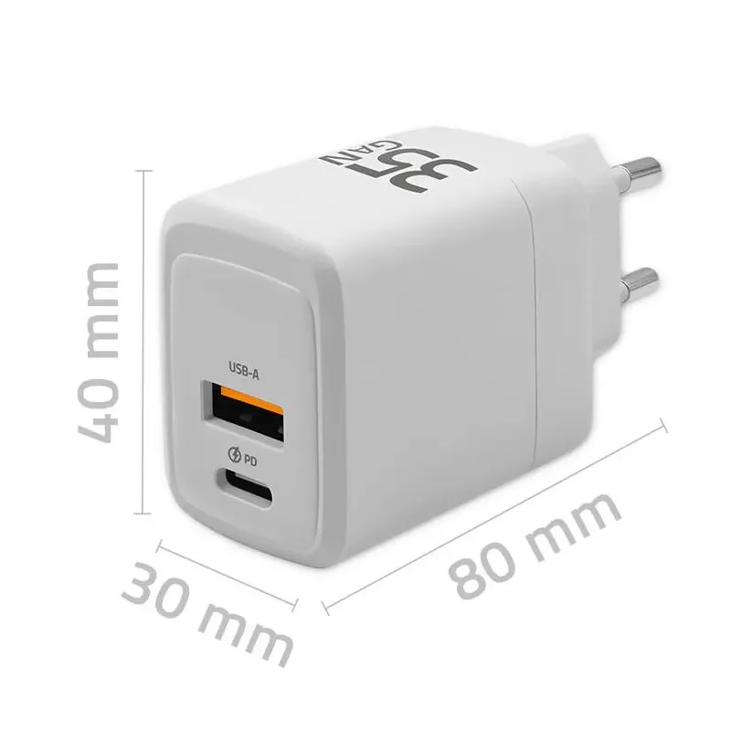 Ładowarka sieciowa Qoltec 35W GaN | 5-20V | 1.5-3A | 1xUSB-C PD | 1xUSB QC