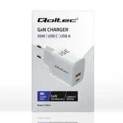 Ładowarka sieciowa Qoltec 35W GaN | 5-20V | 1.5-3A | 1xUSB-C PD | 1xUSB QC