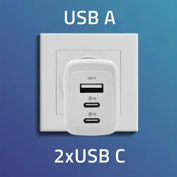Ładowarka sieciowa Qoltec 65W GaN | 5-20V | 3-3.35A | 2xUSB-C PD | 1xUSB QC