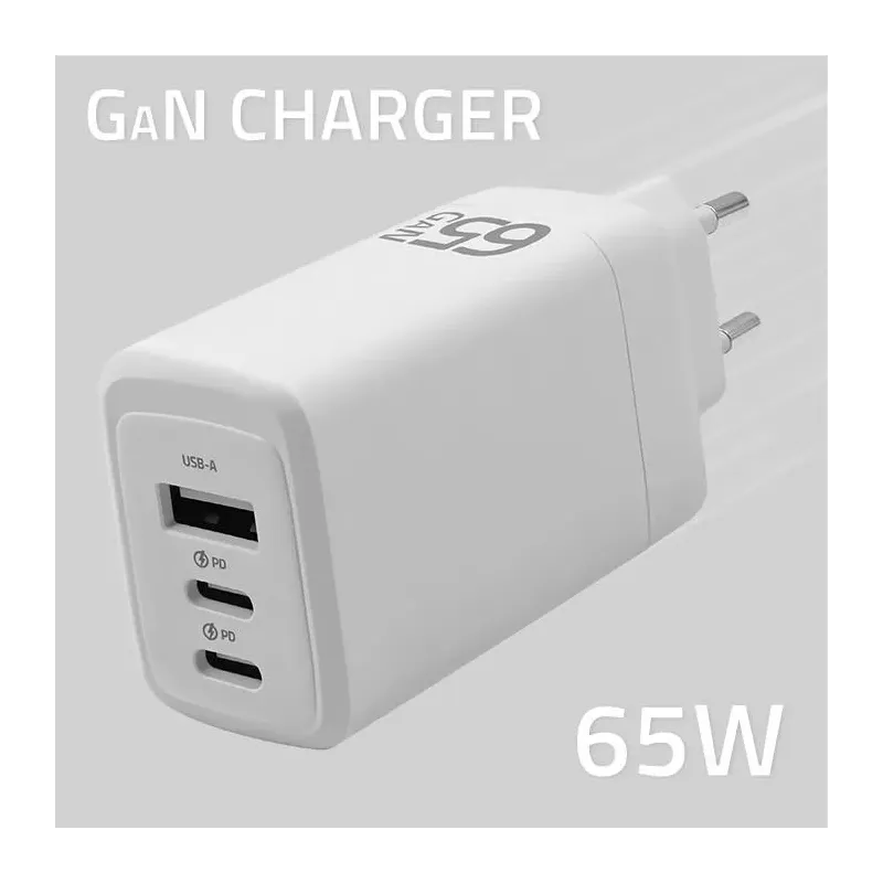 Ładowarka sieciowa Qoltec 65W GaN | 5-20V | 3-3.35A | 2xUSB-C PD | 1xUSB QC