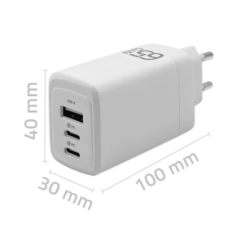 Ładowarka sieciowa Qoltec 65W GaN | 5-20V | 3-3.35A | 2xUSB-C PD | 1xUSB QC