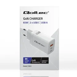 Ładowarka sieciowa Qoltec 65W GaN | 5-20V | 3-3.35A | 2xUSB-C PD | 1xUSB QC