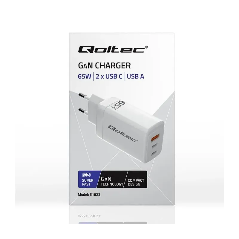 Ładowarka sieciowa Qoltec 65W GaN | 5-20V | 3-3.35A | 2xUSB-C PD | 1xUSB QC