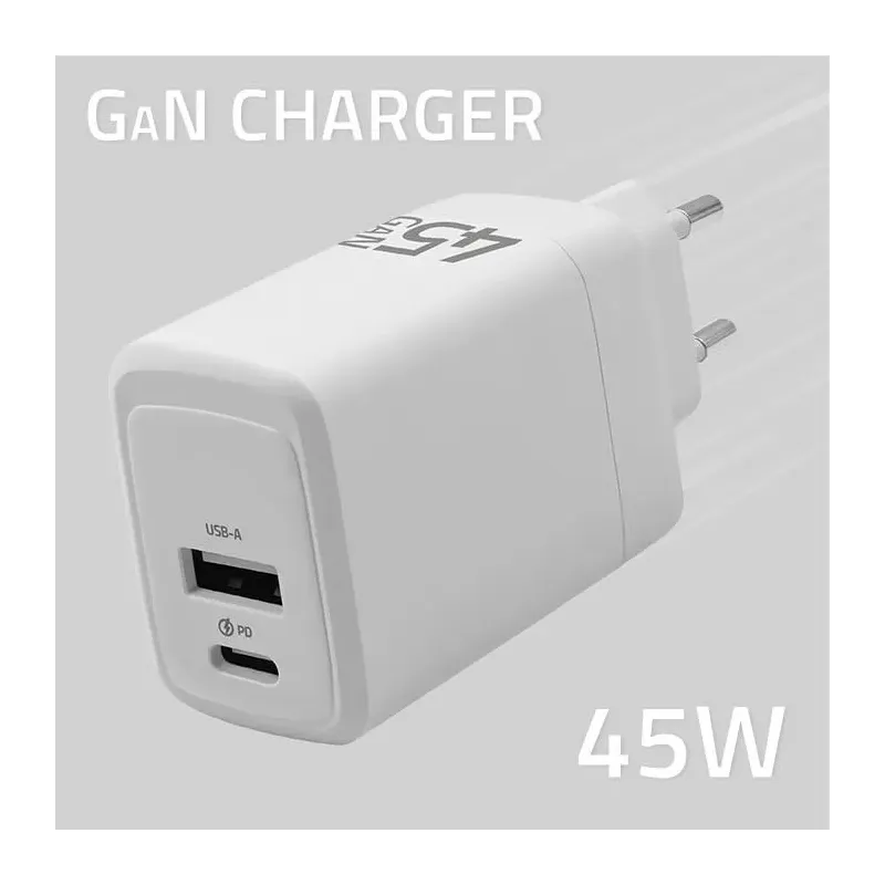 Ładowarka sieciowa Qoltec 45W GaN | 5-20V | 1.5-3A | 1xUSB-C PD | 1xUSB QC