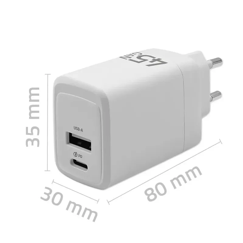 Ładowarka sieciowa Qoltec 45W GaN | 5-20V | 1.5-3A | 1xUSB-C PD | 1xUSB QC